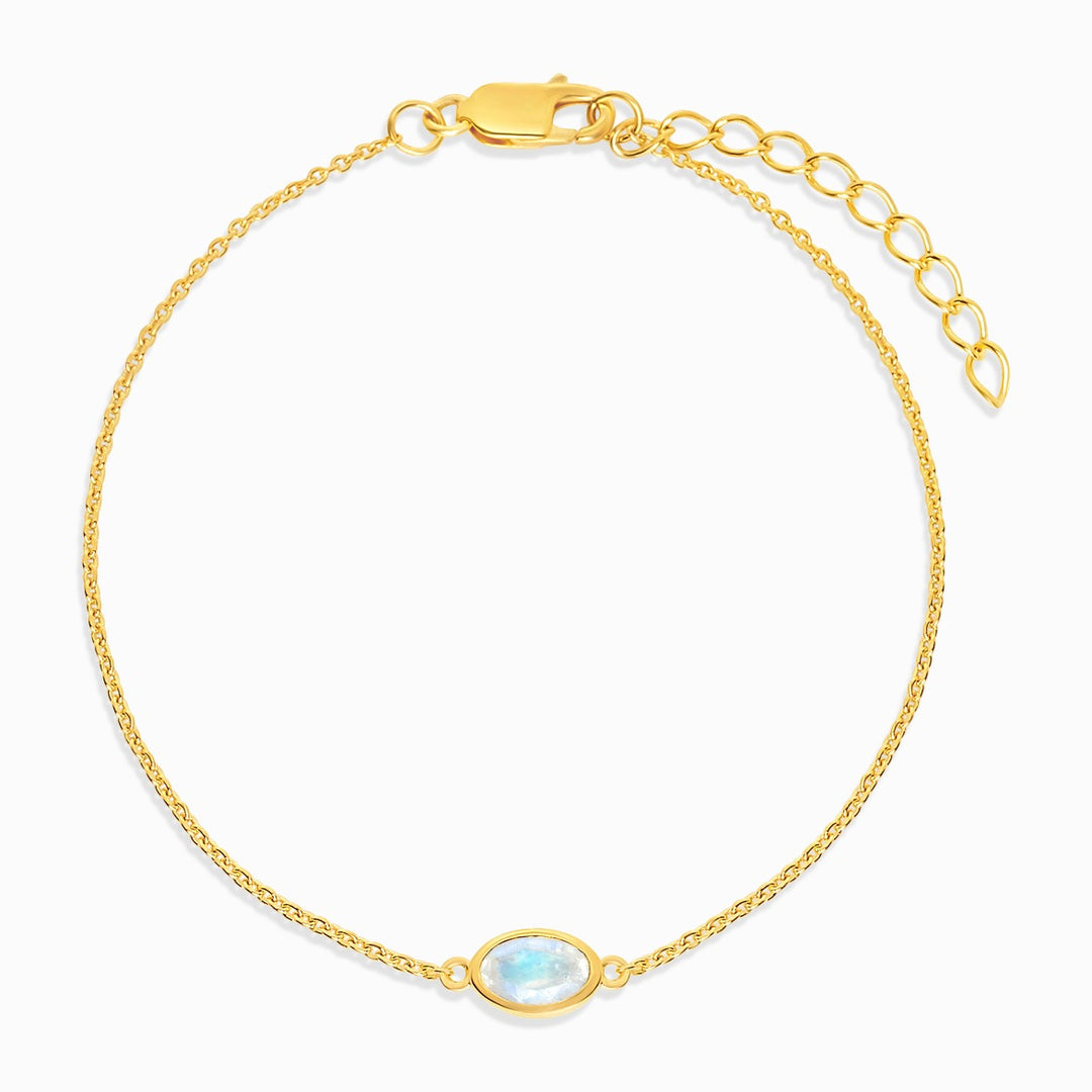 Krystalarmbånd i guld med June birthstone Moonstone. Armbånd med ædelsten Rainbow Moonstone i guld.